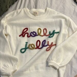 BiBi Women's Cream Sweater with Colorful 'Holly Jolly' Design